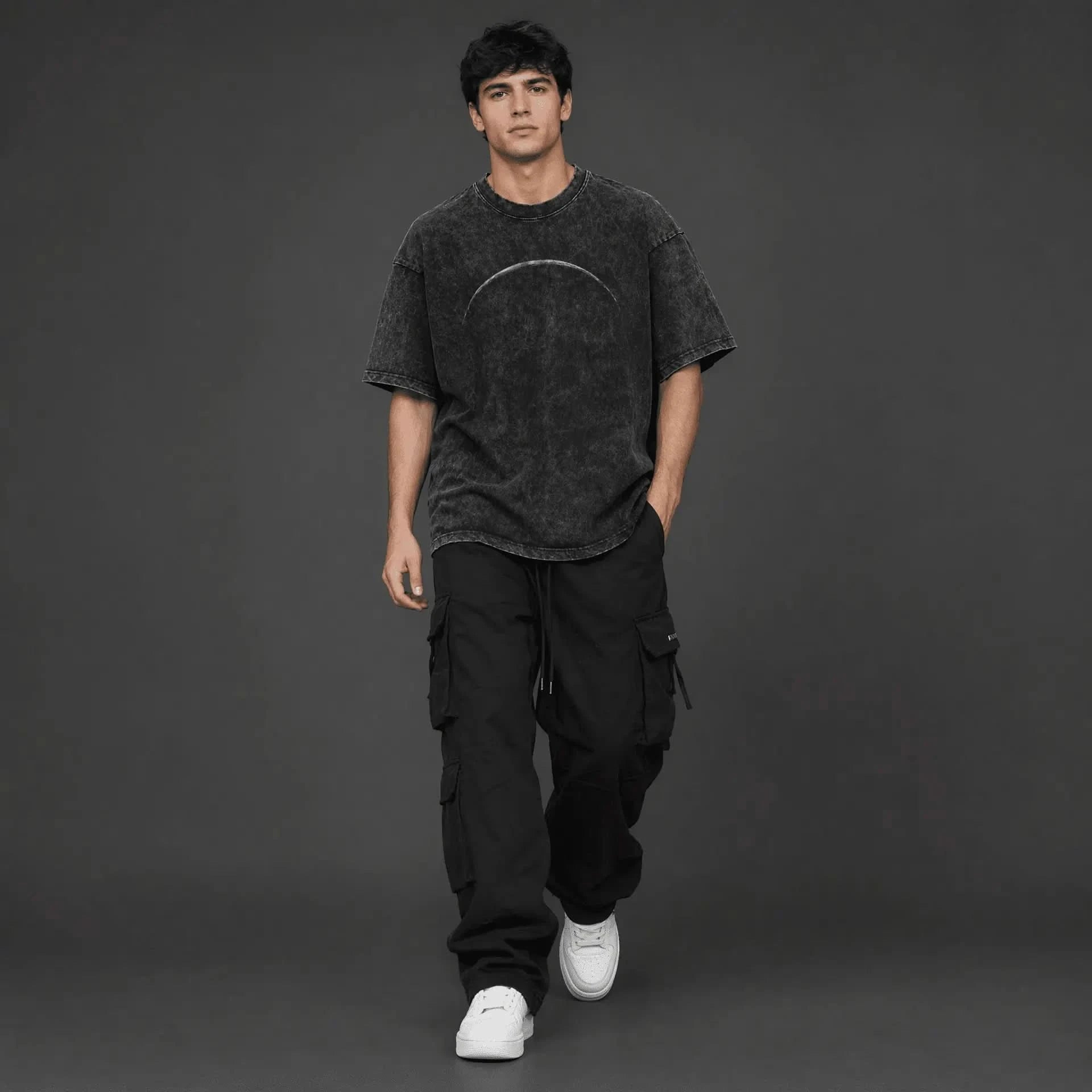 Moon Tee - Oversized Black Vintage Acid Wash