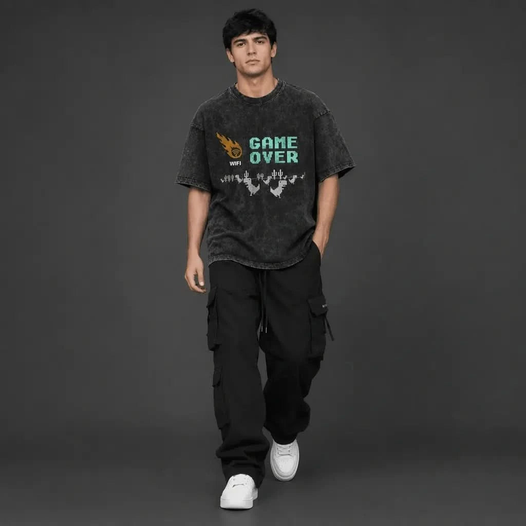 Game Over Tee - Oversized Black Vintage Acid Wash