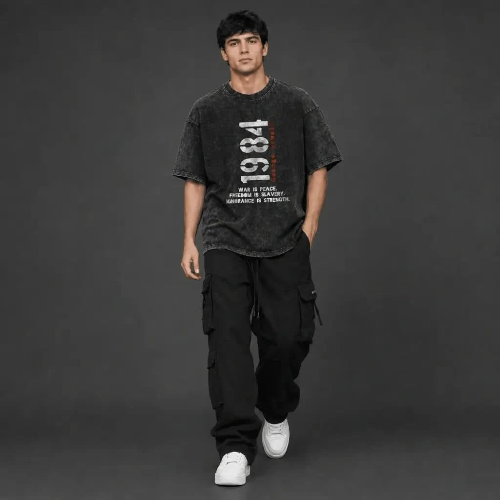 1984 Tee - Oversized Black Vintage Acid Wash