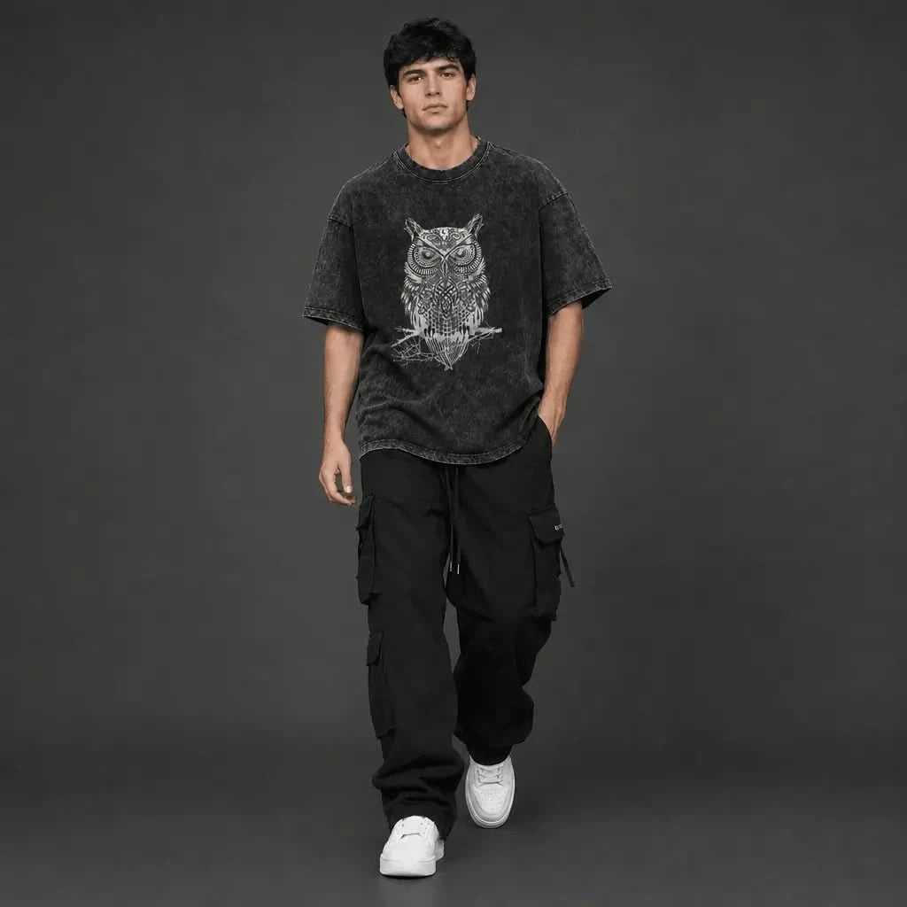 Owl Tee - Oversized Black Vintage Acid Wash
