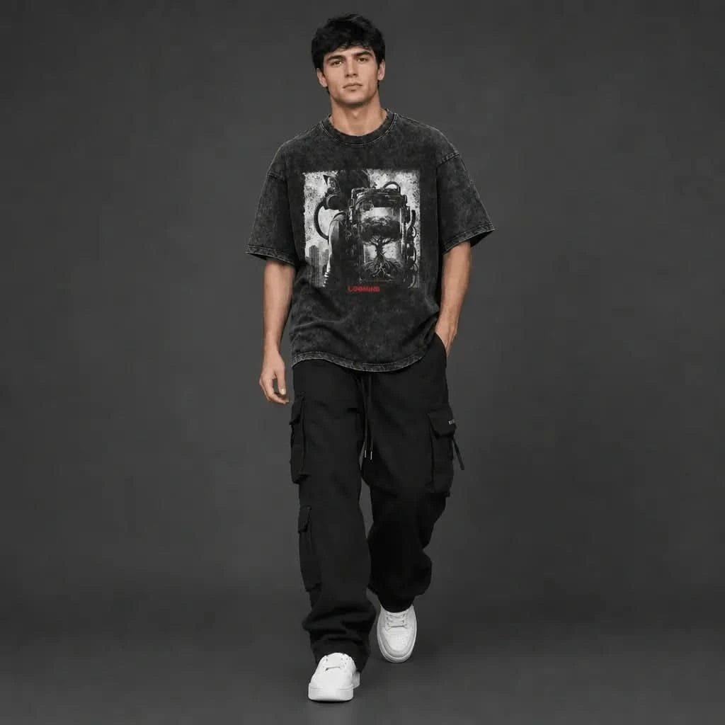 Roots Tee - Oversized Black Vintage Acid Wash