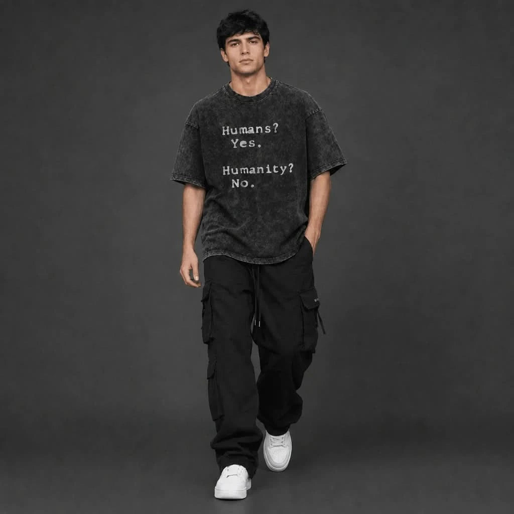 Humans? Tee - Oversized Black Vintage Acid Wash