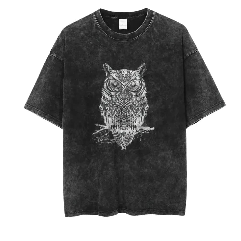 Owl Tee - Oversized Black Vintage Acid Wash
