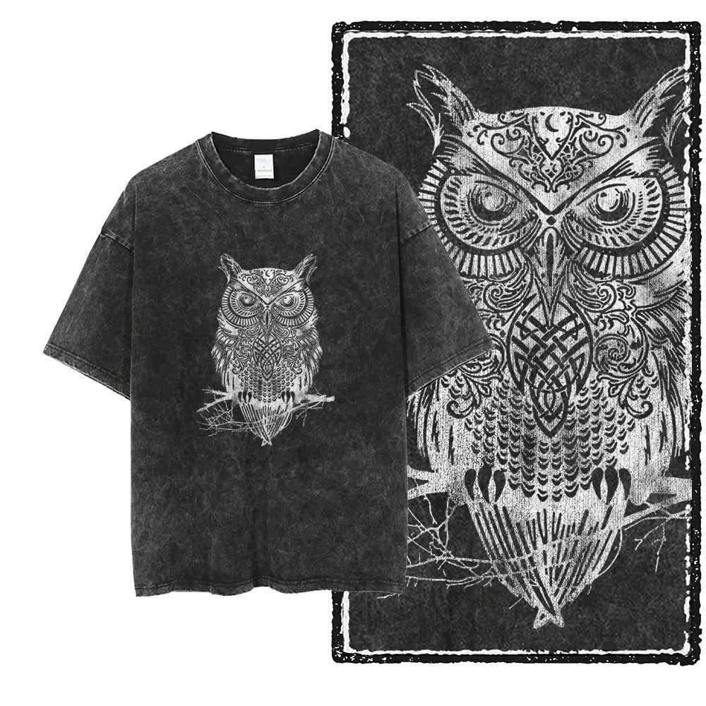 Owl Tee - Oversized Black Vintage Acid Wash