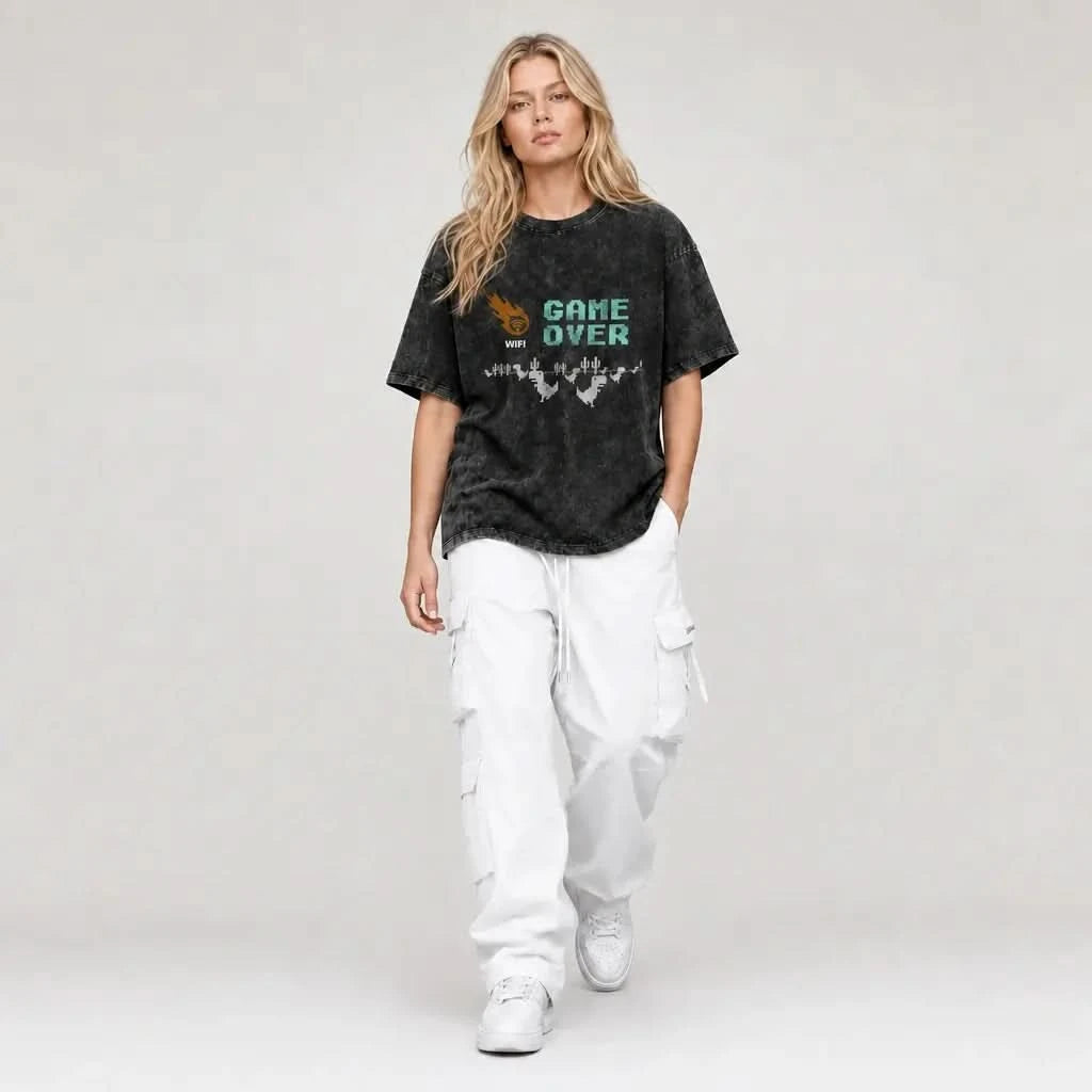 Game Over Tee - Oversized Black Vintage Acid Wash