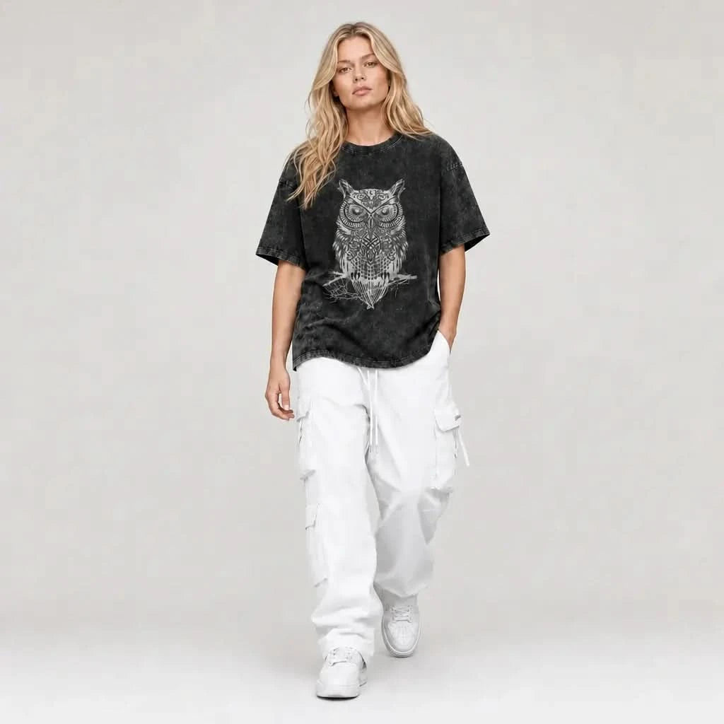 Owl Tee - Oversized Black Vintage Acid Wash