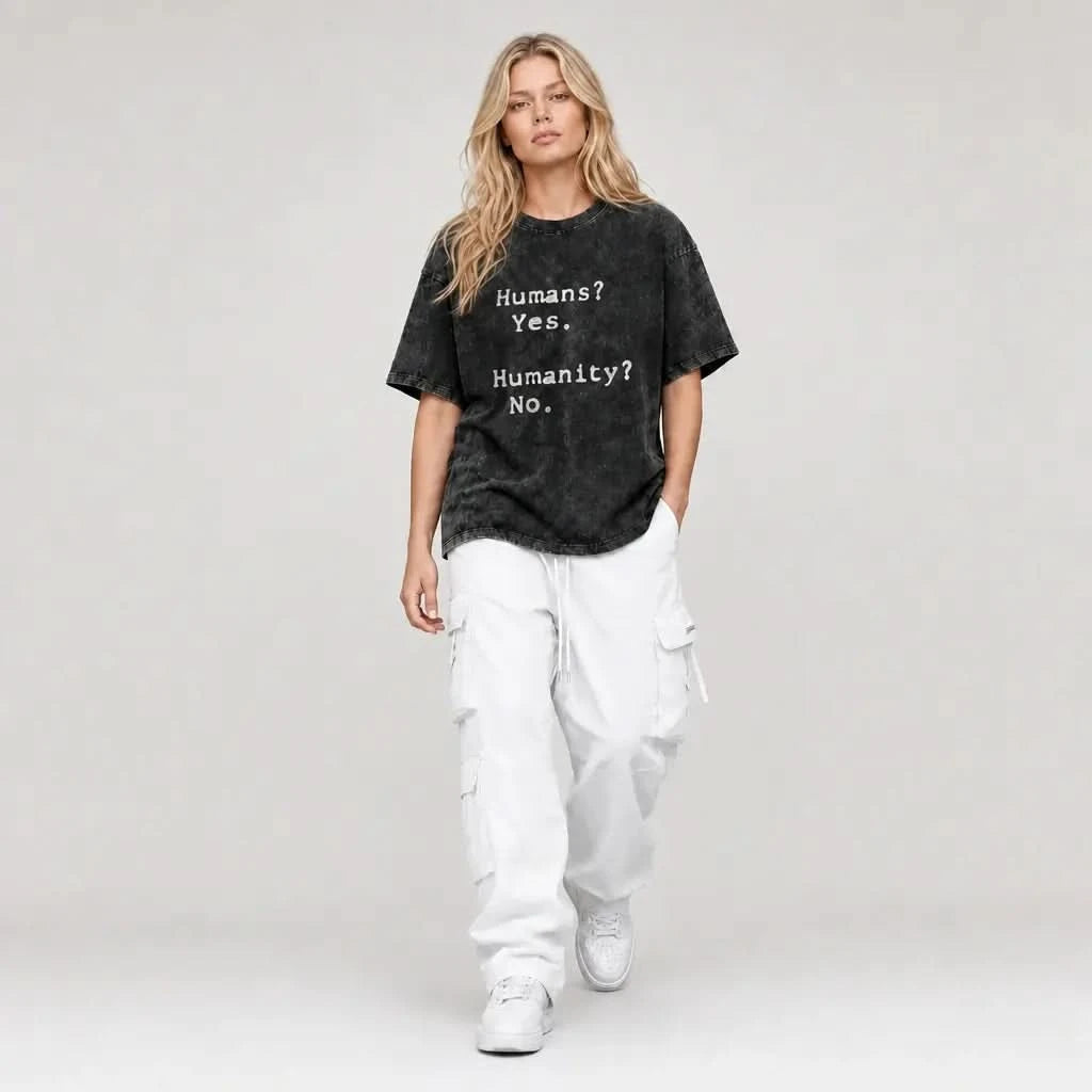Humans? Tee - Oversized Black Vintage Acid Wash